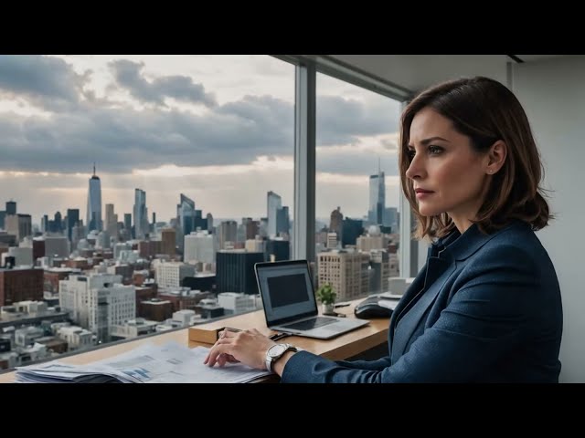 Mujer de negocios mirando por la ventana en una oficina moderna con una vista de la ciudad.