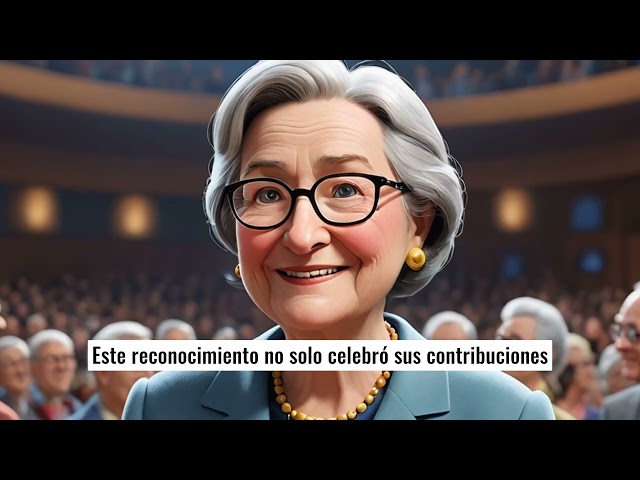 Mujer mayor sonriente en una ceremonia, rodeada de una audiencia.