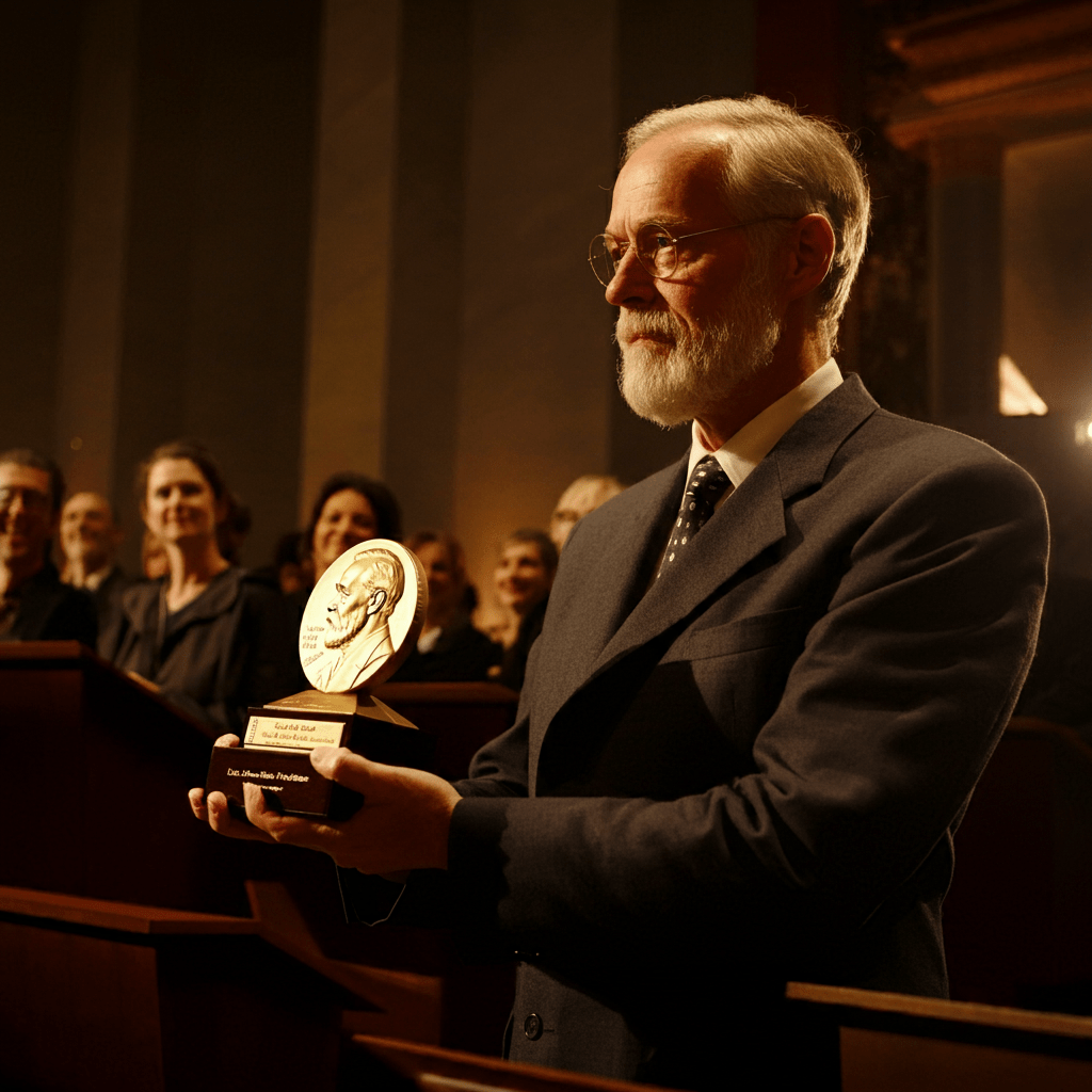 Hombre mayor con barba y gafas sosteniendo un trofeo en una ceremonia de premiación.