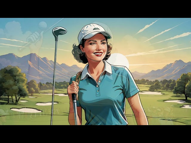 Mujer sonriente con gorra y palo de golf en un campo al aire libre con montañas al fondo.